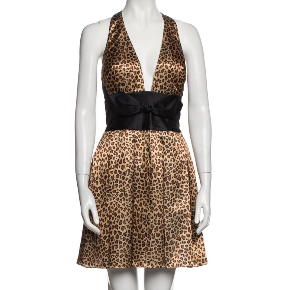 Jovani Silk Mini Dress Cocktail Cheetah Animal Print Black 00 Y2K Vintage Size 6